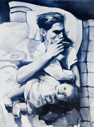 Painting titled "Dad" by Leyla Zhunus, Original Artwork, Watercolor