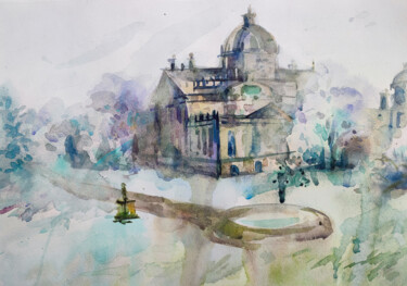 Painting titled "Misty Castle" by Leyla Zhunus, Original Artwork, Watercolor