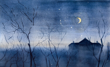 Картина под названием "Fog over Feldcroft" - Leyla Zhunus, Подлинное произведение искусства, Акварель