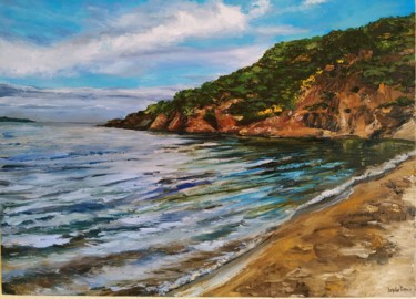 Painting titled "Coastal beach blue…" by Leyla Demir, Original Artwork, Oil