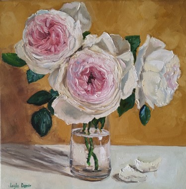 Pintura titulada "White roses still l…" por Leyla Demir, Obra de arte original, Oleo