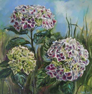 Painting titled "Abstract hydrangea…" by Leyla Demir, Original Artwork, Oil