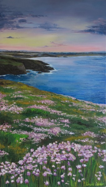 Painting titled "Coastal beach sunse…" by Leyla Demir, Original Artwork, Oil