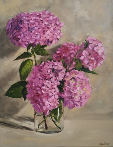 Painting titled "Pink hydrangea boug…" by Leyla Demir, Original Artwork, Oil