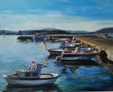 Painting titled "Fish boats original…" by Leyla Demir, Original Artwork, Oil