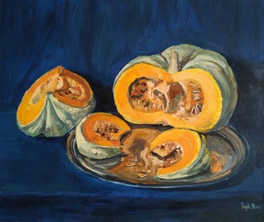 Painting titled "Pumpkin autumn stil…" by Leyla Demir, Original Artwork, Oil