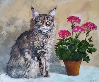 Картина под названием "Cat maine coon with…" - Leyla Demir, Подлинное произведение искусства, Масло