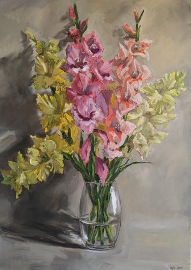 Painting titled "Gladiolus Antique o…" by Leyla Demir, Original Artwork, Oil