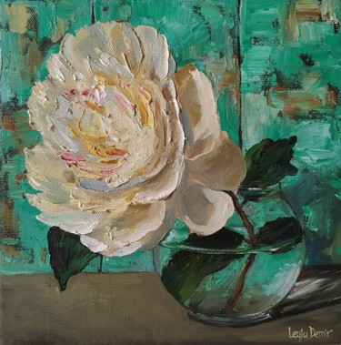 Painting titled "White peony still l…" by Leyla Demir, Original Artwork, Oil