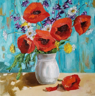 Painting titled "Red poppy oil paint…" by Leyla Demir, Original Artwork, Oil