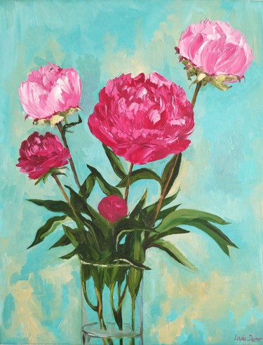 Painting titled "pink peonies bouque…" by Leyla Demir, Original Artwork, Oil Mounted on Wood Stretcher frame