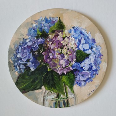 Painting titled "Blue hydrangea orig…" by Leyla Demir, Original Artwork, Oil