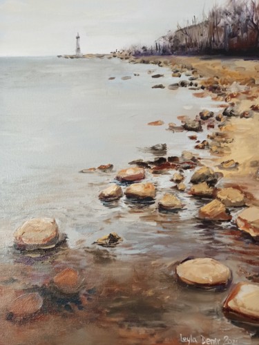 Painting titled "The shore of Lake L…" by Leyla Demir, Original Artwork, Oil Mounted on Wood Stretcher frame
