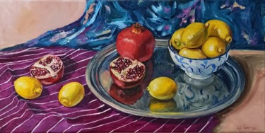 Painting titled "Pomegranate and lem…" by Leyla Demir, Original Artwork, Oil Mounted on Wood Stretcher frame
