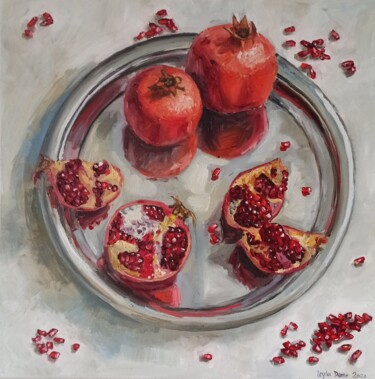 Painting titled "Pomegranates modern…" by Leyla Demir, Original Artwork, Oil Mounted on Wood Stretcher frame
