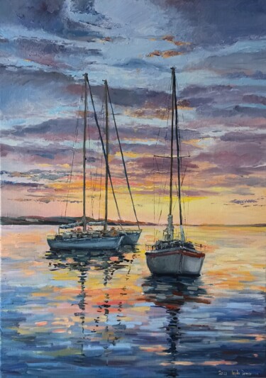 Schilderij getiteld "Sailboat at sunset" door Leyla Demir, Origineel Kunstwerk, Olie Gemonteerd op Frame voor houten brancard