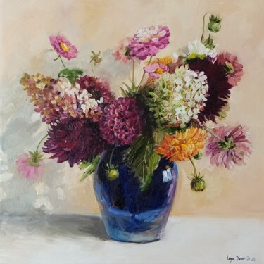 Painting titled "Hydrangea bouquet o…" by Leyla Demir, Original Artwork, Oil Mounted on Wood Stretcher frame
