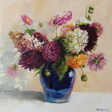 Hydrangea bouquet of wild flowers still life Painting titled "Hydrangea bouquet o…" by Leyla Demir, Original Art, Oil Mounted on Stretcher frame