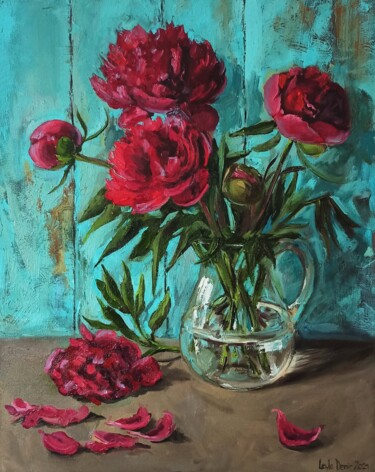 Painting titled "Red Peonies bouquet…" by Leyla Demir, Original Artwork, Oil Mounted on Wood Stretcher frame