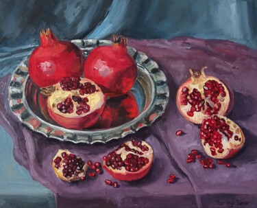 Painting titled "Pomegranate on meta…" by Leyla Demir, Original Artwork, Oil Mounted on Wood Stretcher frame