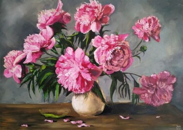 Painting titled "Pink peonies bouque…" by Leyla Demir, Original Artwork, Oil Mounted on Wood Stretcher frame