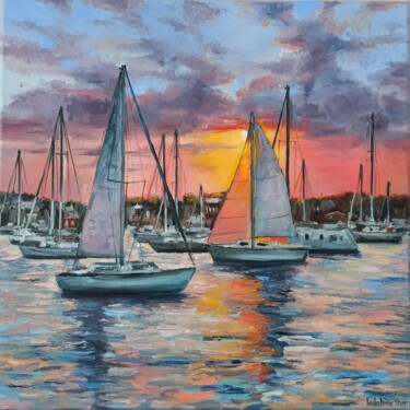 Painting titled "Sailboat at sunset…" by Leyla Demir, Original Artwork, Oil Mounted on Wood Stretcher frame