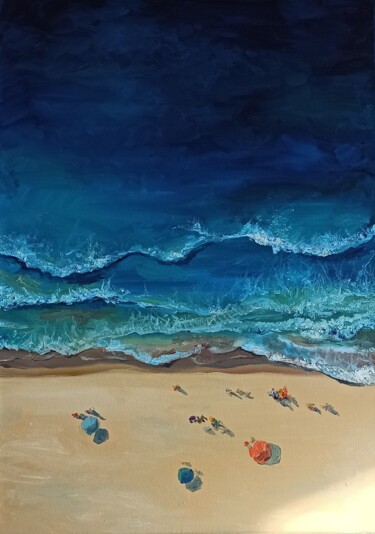 Painting titled "Top view beach and…" by Leyla Demir, Original Artwork, Oil Mounted on Wood Stretcher frame