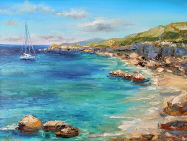 Sailboat at sea coastsl beach oil painting Painting titled "Sailboat at sea coa…" by Leyla Demir, Original Art, Oil Mounted on Stretcher frame