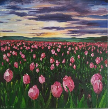 Painting titled "Pink tulips fields…" by Leyla Demir, Original Artwork, Oil