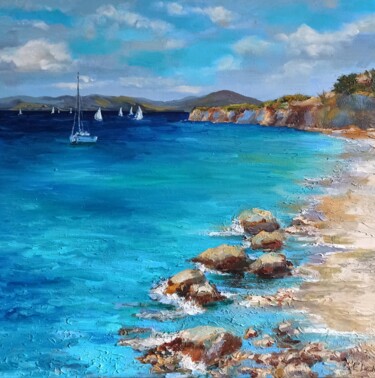 Painting titled "Sailing boats coast…" by Leyla Demir, Original Artwork, Oil Mounted on Wood Stretcher frame