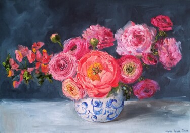 Painting titled "Pink roses and ranu…" by Leyla Demir, Original Artwork, Oil Mounted on Wood Stretcher frame