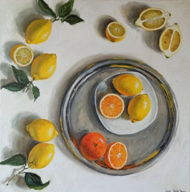 Painting titled "Lemon and orange fr…" by Leyla Demir, Original Artwork, Oil Mounted on Wood Stretcher frame