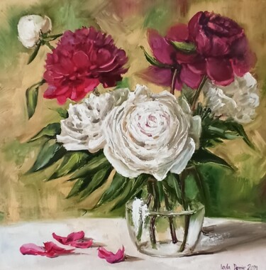Painting titled "Peonies Bouquet, Re…" by Leyla Demir, Original Artwork, Oil Mounted on Wood Stretcher frame