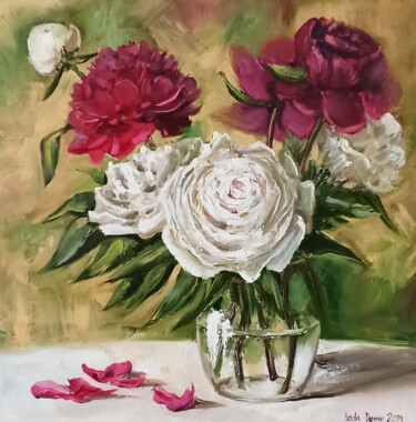 Pittura intitolato "Peonies Bouquet, Re…" da Leyla Demir, Opera d'arte originale, Olio Montato su Telaio per barella in legno