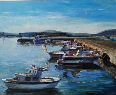 Painting titled "Boats in harbor oil…" by Leyla Demir, Original Artwork, Oil Mounted on Wood Stretcher frame
