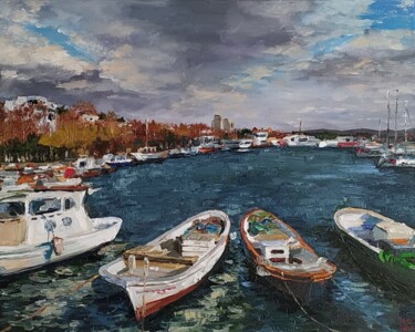 Картина под названием "Sailboat oil painti…" - Leyla Demir, Подлинное произведение искусства, Масло Установлен на Деревянная…