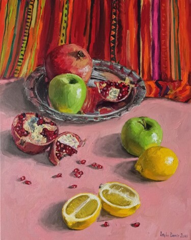Картина под названием "Apple and pomegrana…" - Leyla Demir, Подлинное произведение искусства, Масло Установлен на Деревянная…