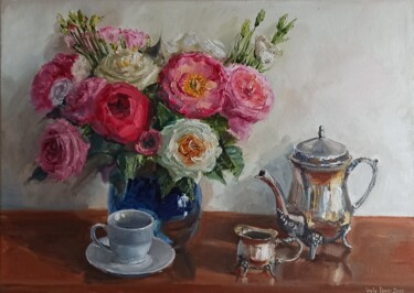 Картина под названием "Roses pink flower b…" - Leyla Demir, Подлинное произведение искусства, Масло Установлен на Деревянная…