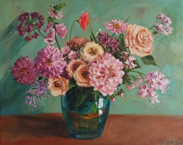 Painting titled "Pink peonies ranunc…" by Leyla Demir, Original Artwork, Oil Mounted on Wood Stretcher frame