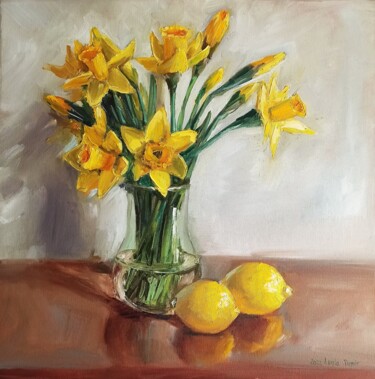 Painting titled "Narcissus flower oi…" by Leyla Demir, Original Artwork, Oil Mounted on Wood Stretcher frame