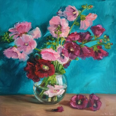 Картина под названием "Hollyhocks pink Mal…" - Leyla Demir, Подлинное произведение искусства, Масло Установлен на Деревянная…
