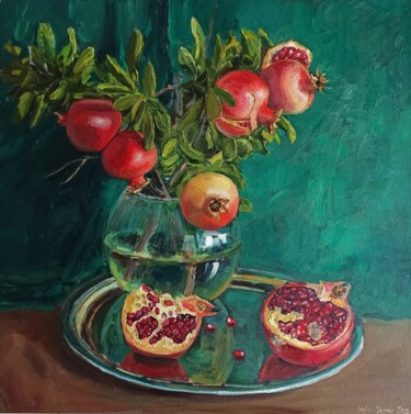 Painting titled "Pomegranate bouquet" by Leyla Demir, Original Artwork, Oil Mounted on Wood Stretcher frame