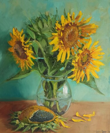 Painting titled "Three Sunflowers in…" by Leyla Demir, Original Artwork, Oil Mounted on Wood Stretcher frame