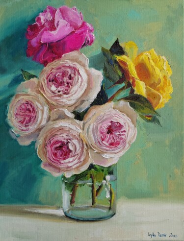 Painting titled "Roses pink flower b…" by Leyla Demir, Original Artwork, Oil Mounted on Wood Stretcher frame
