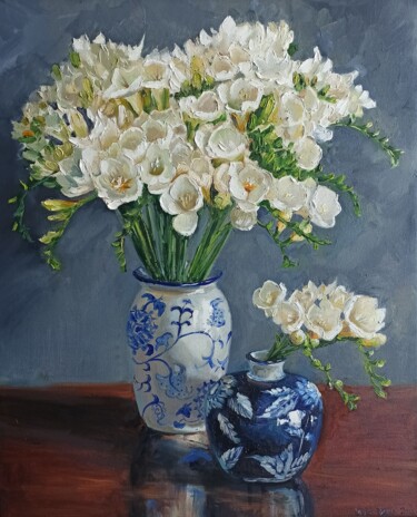 Painting titled "Freesia flower bouq…" by Leyla Demir, Original Artwork, Oil Mounted on Wood Stretcher frame