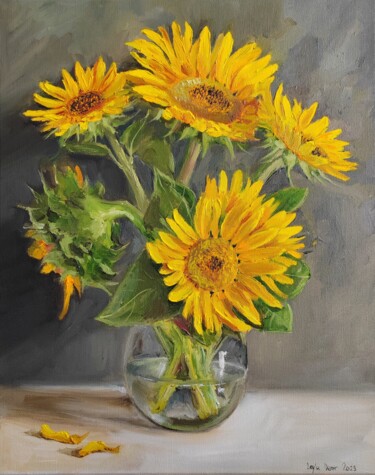 Painting titled "Sunflowers in a Vas…" by Leyla Demir, Original Artwork, Oil Mounted on Wood Stretcher frame