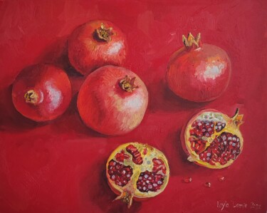 Painting titled "Pomegranate on red…" by Leyla Demir, Original Artwork, Oil Mounted on Wood Stretcher frame