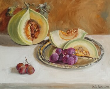 Painting titled "Melon fruit oil pai…" by Leyla Demir, Original Artwork, Oil Mounted on Wood Stretcher frame