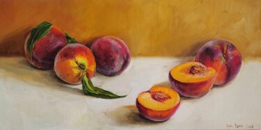 Painting titled "Peaches on table wi…" by Leyla Demir, Original Artwork, Oil Mounted on Wood Stretcher frame