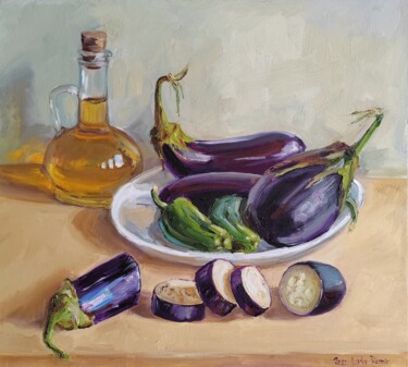 Painting titled "Blue Eggplant Veget…" by Leyla Demir, Original Artwork, Oil Mounted on Wood Stretcher frame